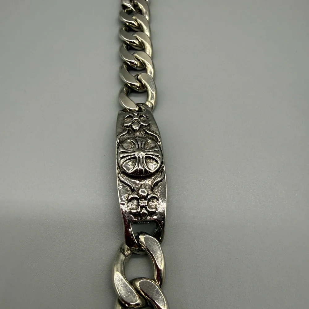 Silver ID Cross Fancy Link Cuban Bracelet.